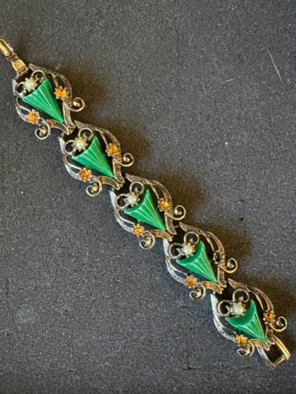 Vintage Early Carved Plastic Green Topaz Rhinestone Faux Pearl Goldtone Bracelet
